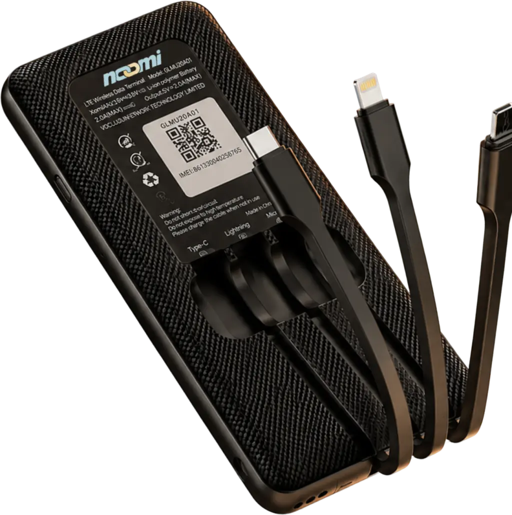The Noomi device with its three built-in charging cables — USB-C, Lightning, and Micro-USB