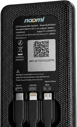 Back of the Noomi device with its three built-in charging cables