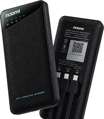 Two Noomi devices — front showing the Wi-Fi lights, back showing the built-in cables